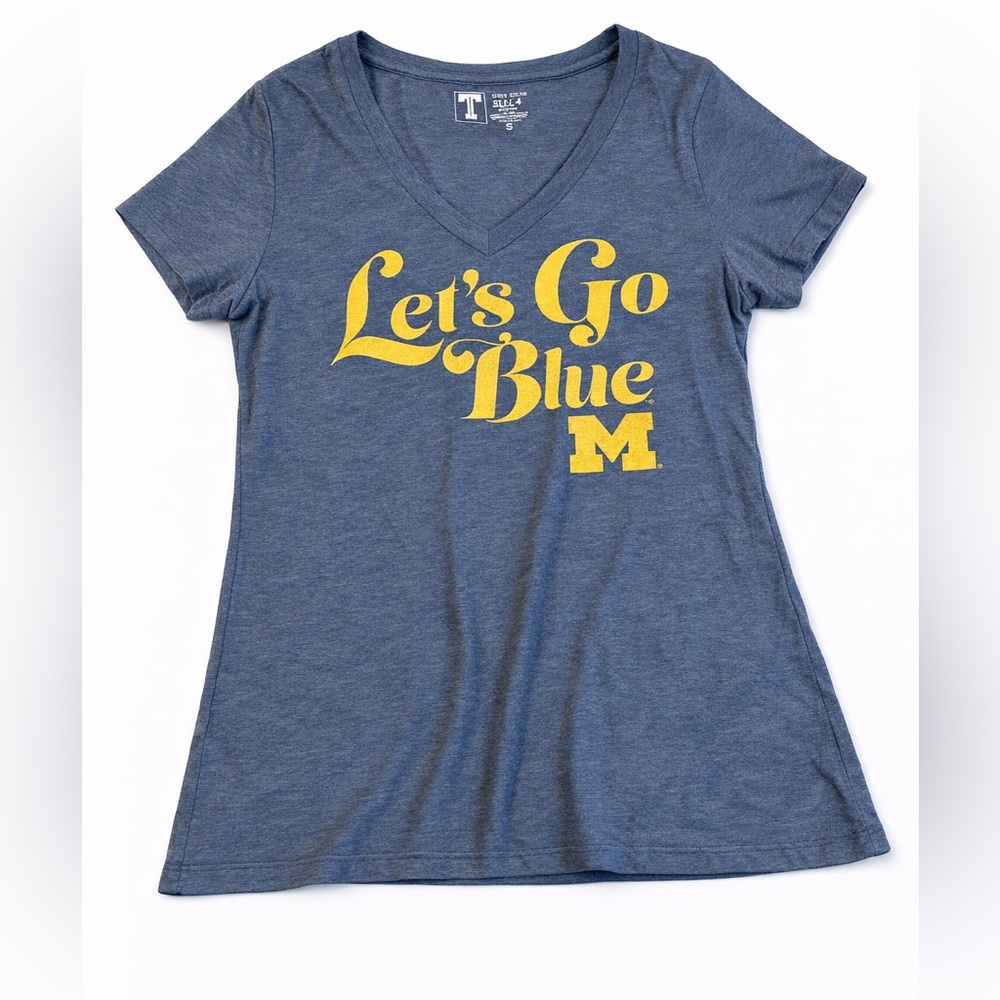 Women's V-Neck 'Let's Go Blue' Michigan Graphic Tee - Blue with Yellow Print